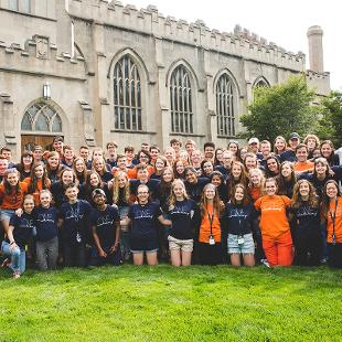 Group photo of Awakening students, staff and interns in front of Dimnent Chapel