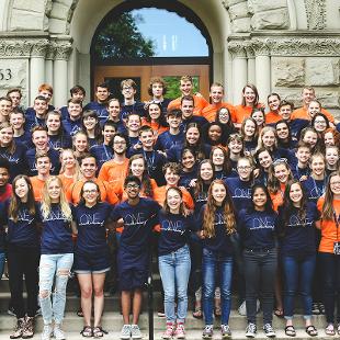Awakening students, staff and interns on the steps of Graves Hall