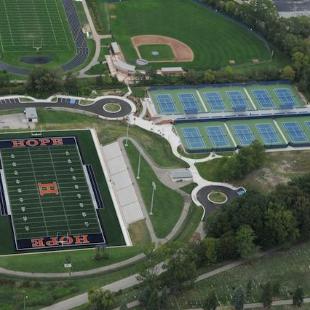 An overhead view of the Ray and Sue Smith Stadium