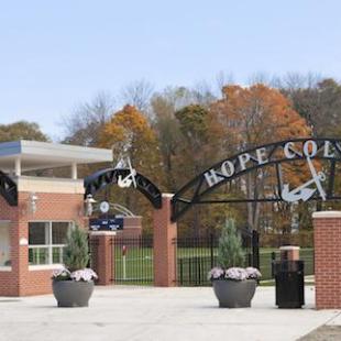 The Hope College arch and anchor over the entrance of the Van Andel Soccer Stadium